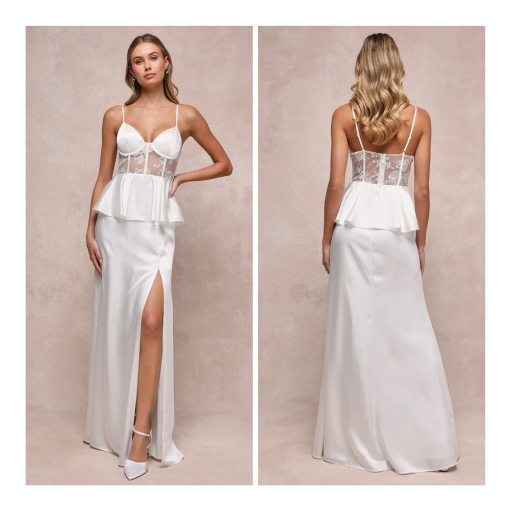 New Lulus Medium Iconic Adoration White Satin Peplum Sheer Bustier Maxi Dress